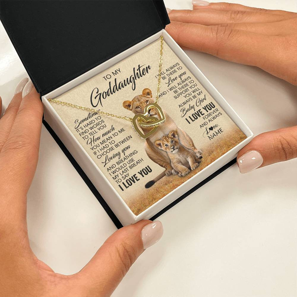 Interlocking Hearts Necklace 18K Yellow Gold Finish | 2 | Personalized To My Goddaughter Necklace From Godmother Sometimes It's Hard Lion Goddaughter Gift Birthday Jewelry Christmas Customized Gift Box Message Card | teecentury