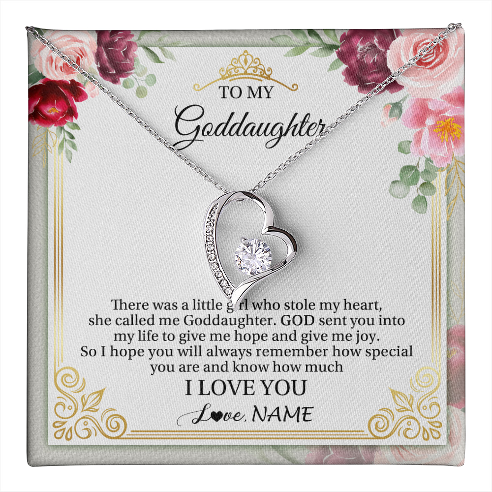 Forever Love Necklace 14K White Gold Finish | 1 | Personalized To My Goddaughter Necklace From Godmother There Was A Little Girl Goddaughter Birthday Gifts Jewelry Christmas Customized Gift Box Message Card | teecentury