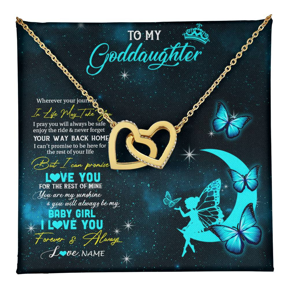Interlocking Hearts Necklace 18K Yellow Gold Finish | 1 | Personalized To My Goddaughter Necklace From Godmother Uncle Fairy Silhouette Fantasy Moon Goddaughter Birthday Christmas Customized Gift Box Message Card | teecentury