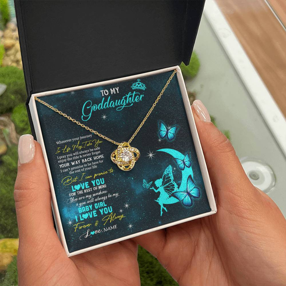 Love Knot Necklace 18K Yellow Gold Finish | 2 | Personalized To My Goddaughter Necklace From Godmother Uncle Fairy Silhouette Fantasy Moon Goddaughter Birthday Christmas Customized Gift Box Message Card | teecentury