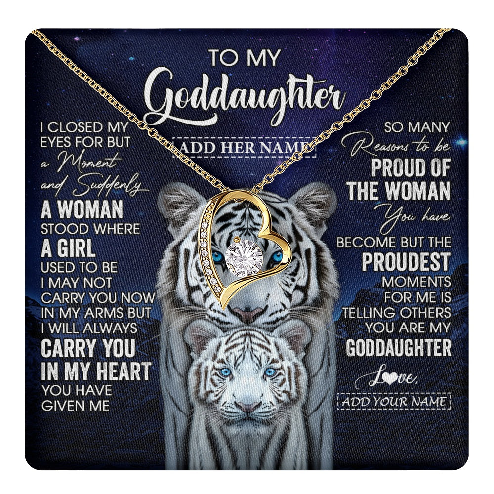 Forever Love Necklace 18K Yellow Gold Finish | 1 | Personalized To My Goddaughter Necklace From Godmother Uncle I Close My Eyes White Tiger Goddaughter Birthday Gift Christmas Gift Box Message Card | https://teecentury.