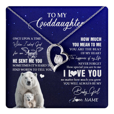 Forever Love Necklace 14K White Gold Finish | 1 | Personalized To My Goddaughter Necklace From Godmother Uncle Polar Bear Never Forget I Love You Goddaughter Birthday Christmas Customized Gift Box Message Card | teecentury