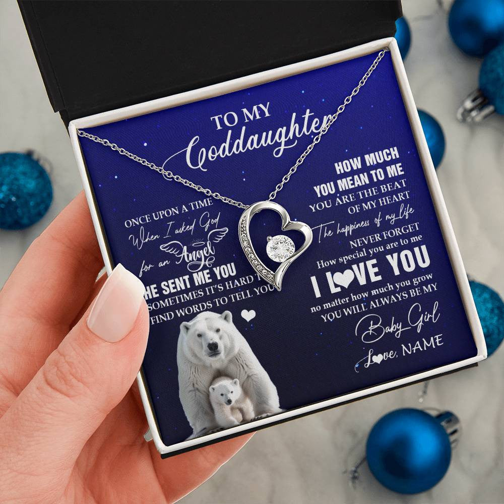 Forever Love Necklace 14K White Gold Finish | 2 | Personalized To My Goddaughter Necklace From Godmother Uncle Polar Bear Never Forget I Love You Goddaughter Birthday Christmas Customized Gift Box Message Card | teecentury