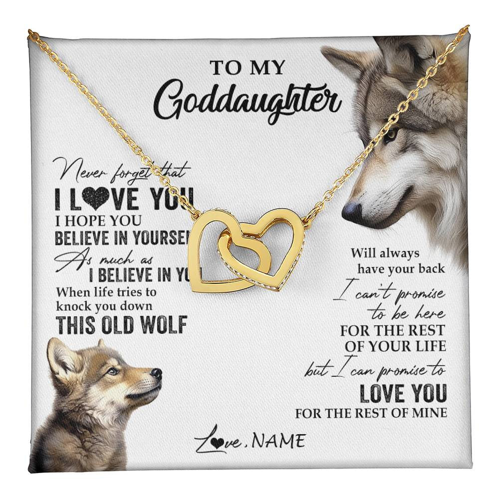 Interlocking Hearts Necklace 18K Yellow Gold Finish | 1 | Personalized To My Goddaughter Necklace From Godmother Uncle This Old Wolf Love You Godchild Birthday Graduation Christmas Customized Gift Box Message Card | teecentury