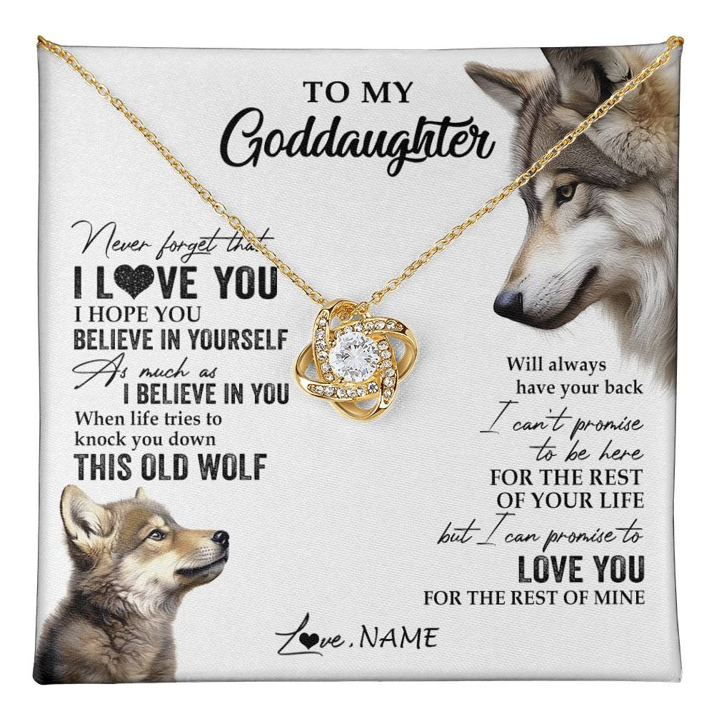 Love Knot Necklace 18K Yellow Gold Finish | 1 | Personalized To My Goddaughter Necklace From Godmother Uncle This Old Wolf Love You Godchild Birthday Graduation Christmas Customized Gift Box Message Card | teecentury