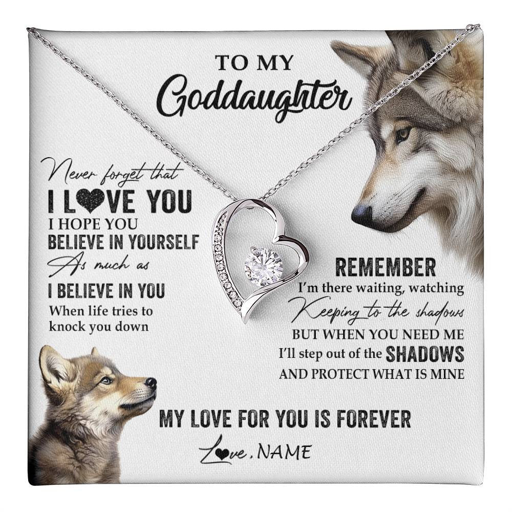 Forever Love Necklace 14K White Gold Finish | 1 | Personalized To My Goddaughter Necklace From Godmother Uncle Wolf My Love For You Is Forever Goddaughter Birthday Christmas Customized Gift Box Message Card | teecentury