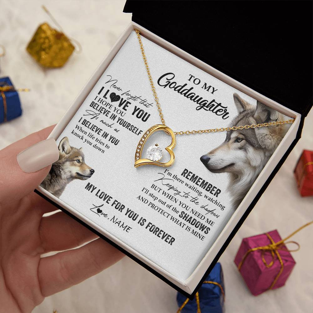 Forever Love Necklace 18K Yellow Gold Finish | 2 | Personalized To My Goddaughter Necklace From Godmother Uncle Wolf My Love For You Is Forever Goddaughter Birthday Christmas Customized Gift Box Message Card | teecentury