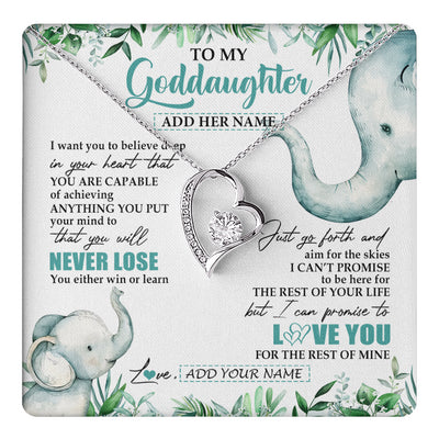 Forever Love Necklace 14K White Gold Finish | 1 | Personalized To My Goddaughter Necklace From Godmother Uncle You Will Never Lose Elephant Goddaughter Birthday Gifts Christmas Custom Gift Box Message Card | teecentury