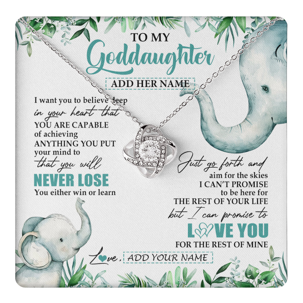 Love Knot Necklace 14K White Gold Finish | 1 | Personalized To My Goddaughter Necklace From Godmother Uncle You Will Never Lose Elephant Goddaughter Birthday Gifts Christmas Custom Gift Box Message Card | teecentury