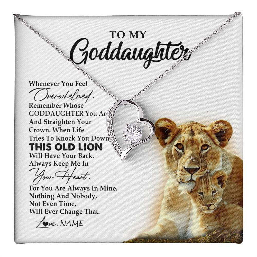 Forever Love Necklace 14K White Gold Finish | 1 | Personalized To My Goddaughter Necklace From Godmother Whenever You Fell Overwhelmed Lion Goddaughter Birthday Christmas Customized Gift Box Message Card | teecentury