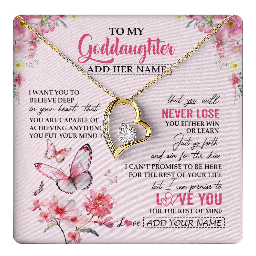 Forever Love Necklace 18K Yellow Gold Finish | 1 | Personalized To My Goddaughter Necklace From Godmother You Will Never Lose Butterfly Goddaughter Birthday Gifts Graduation Christmas Gift Box Message Card | teecentury