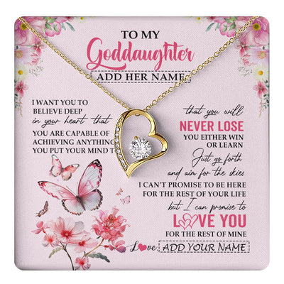 Forever Love Necklace 18K Yellow Gold Finish | 1 | Personalized To My Goddaughter Necklace From Godmother You Will Never Lose Butterfly Goddaughter Birthday Gifts Graduation Christmas Gift Box Message Card | teecentury