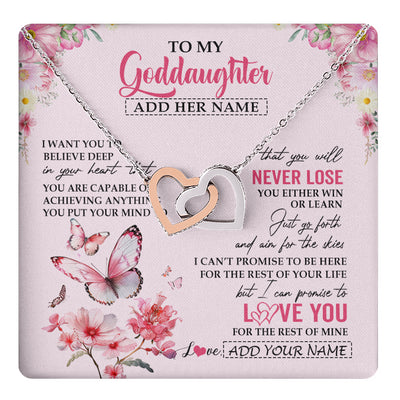 Interlocking Hearts Necklace Stainless Steel & Rose Gold Finish | 1 | Personalized To My Goddaughter Necklace From Godmother You Will Never Lose Butterfly Goddaughter Birthday Gifts Graduation Christmas Gift Box Message Card | teecentury