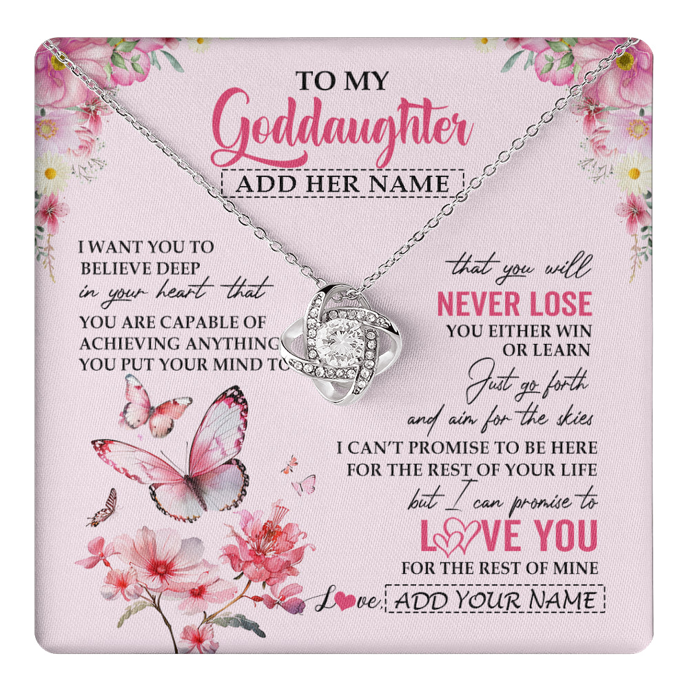 Love Knot Necklace 14K White Gold Finish | 1 | Personalized To My Goddaughter Necklace From Godmother You Will Never Lose Butterfly Goddaughter Birthday Gifts Graduation Christmas Gift Box Message Card | teecentury