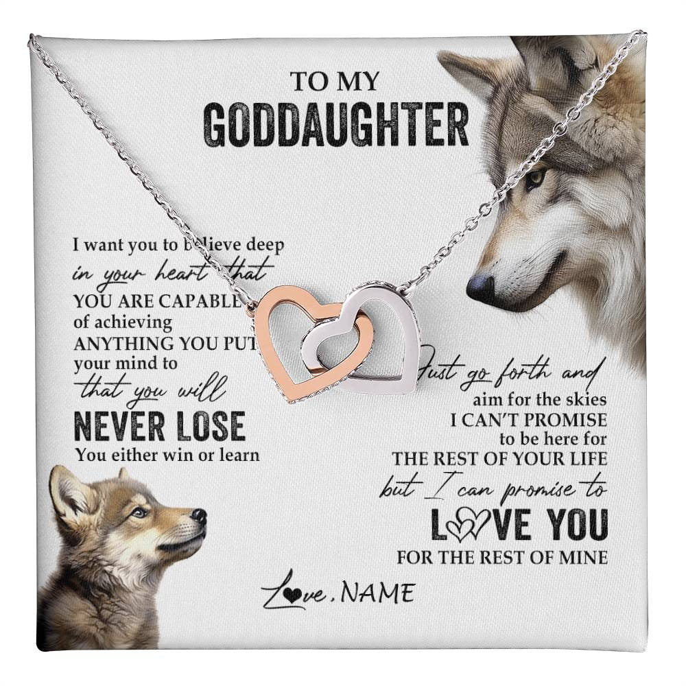 Interlocking Hearts Necklace Stainless Steel & Rose Gold Finish | 1 | Personalized To My Goddaughter Necklace From Godmother You Will Never Lose Wolf Godchild Birthday Graduation Christmas Customized Gift Box Message Card | teecentury