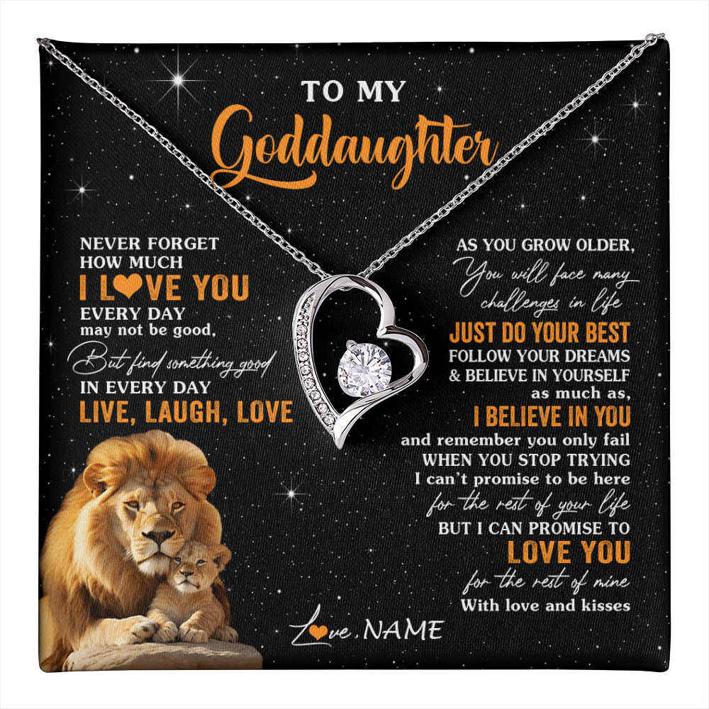 Forever Love Necklace 14K White Gold Finish | 1 | Personalized To My Goddaughter Necklace From Uncle Live Laugh Love Lion Goddaughter Birthday Positive Graduation Christmas Customized Gift Box Message Card | teecentury