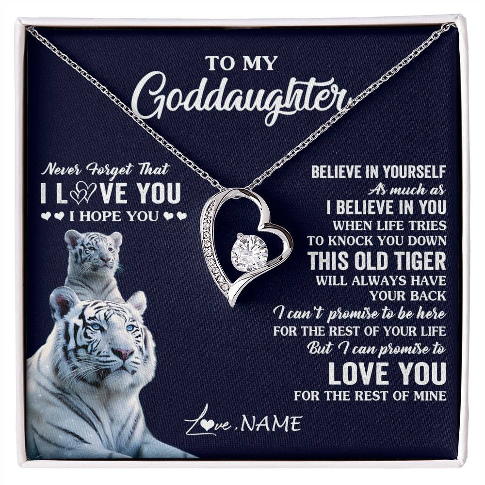 Forever Love Necklace 14K White Gold Finish | 1 | Personalized To My Goddaughter Necklace Gift From Stepmother This Old Tiger Love You Goddaughter Birthday Graduation Christmas Customized Gift Box Message Card | teecentury