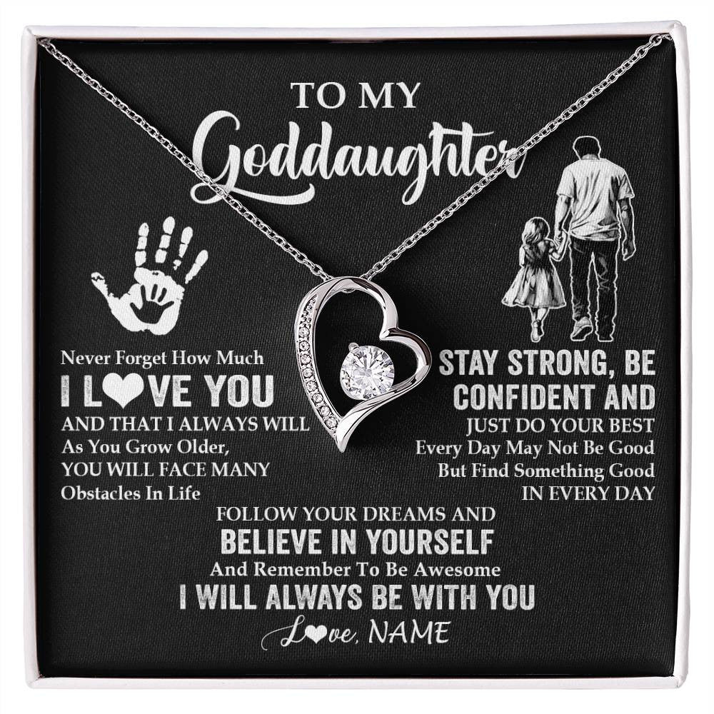 Forever Love Necklace 14K White Gold Finish | 1 | Personalized To My Goddaughter Necklace I Love You Forever From Godfather Goddaughter Birthday Gifts Christmas Graduation Customized Gift Box Message Card | teecentury