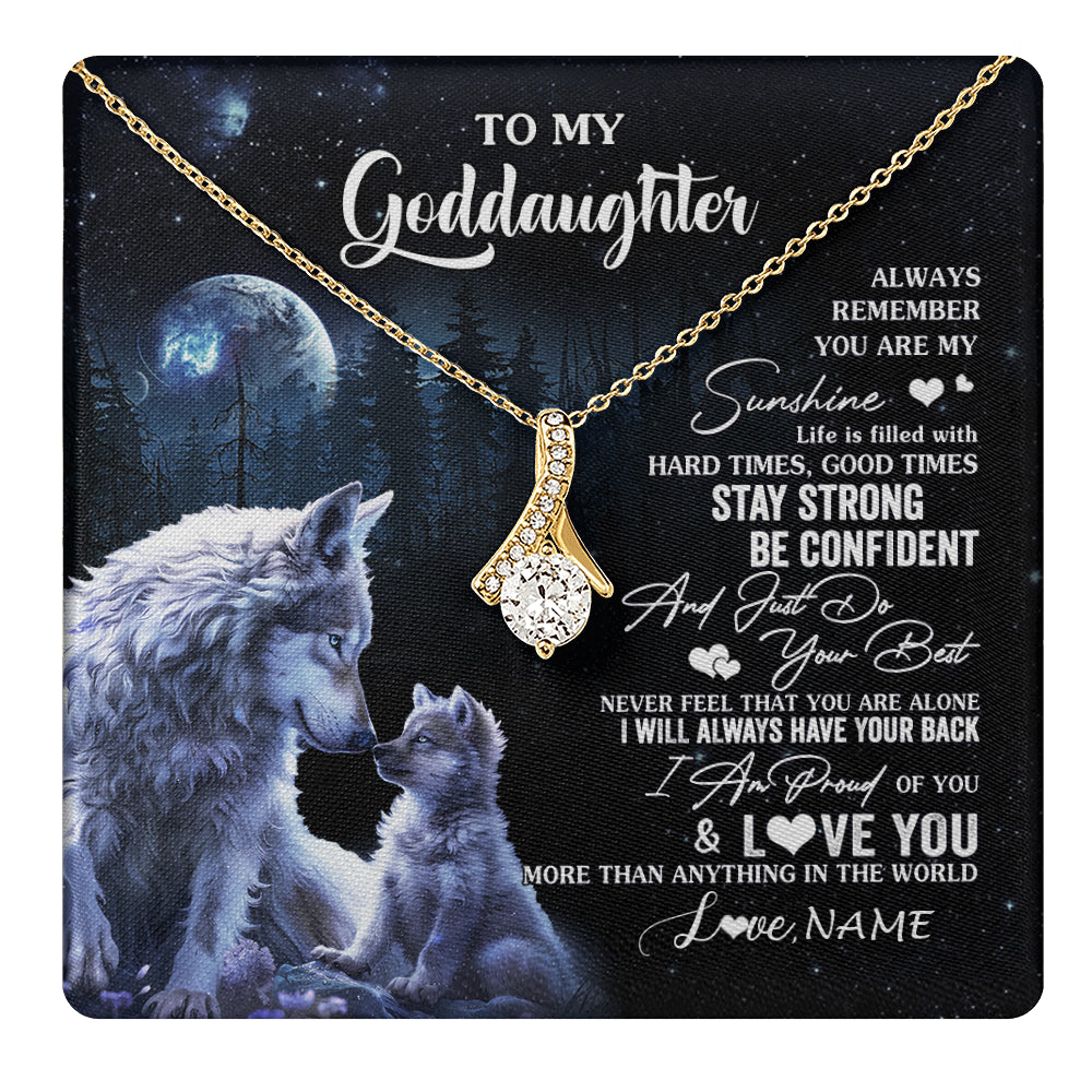 Alluring Beauty Necklace 18K Yellow Gold Finish | 1 | Personalized To My Goddaughter Wolf Necklace From Godmother Aunt Always Remember Godchild Birthday Graduation Christmas Customized Gift Box Message Card | teecentury