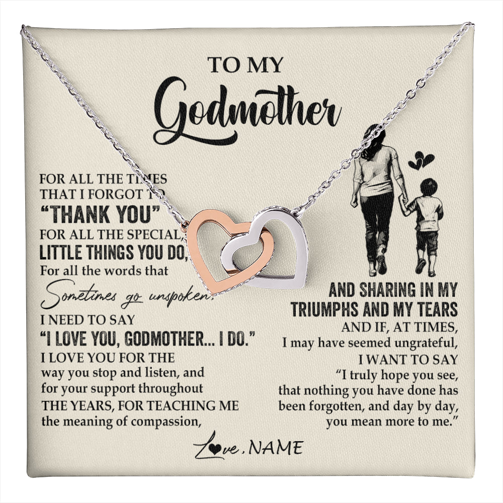 Interlocking Hearts Necklace Stainless Steel & Rose Gold Finish | 1 | Personalized To My Godmother Necklace From Nephew For All The Times That I Forgot To Thank You Birthday Mothers Day Christmas Customized Gift Box Message Card | teecentury