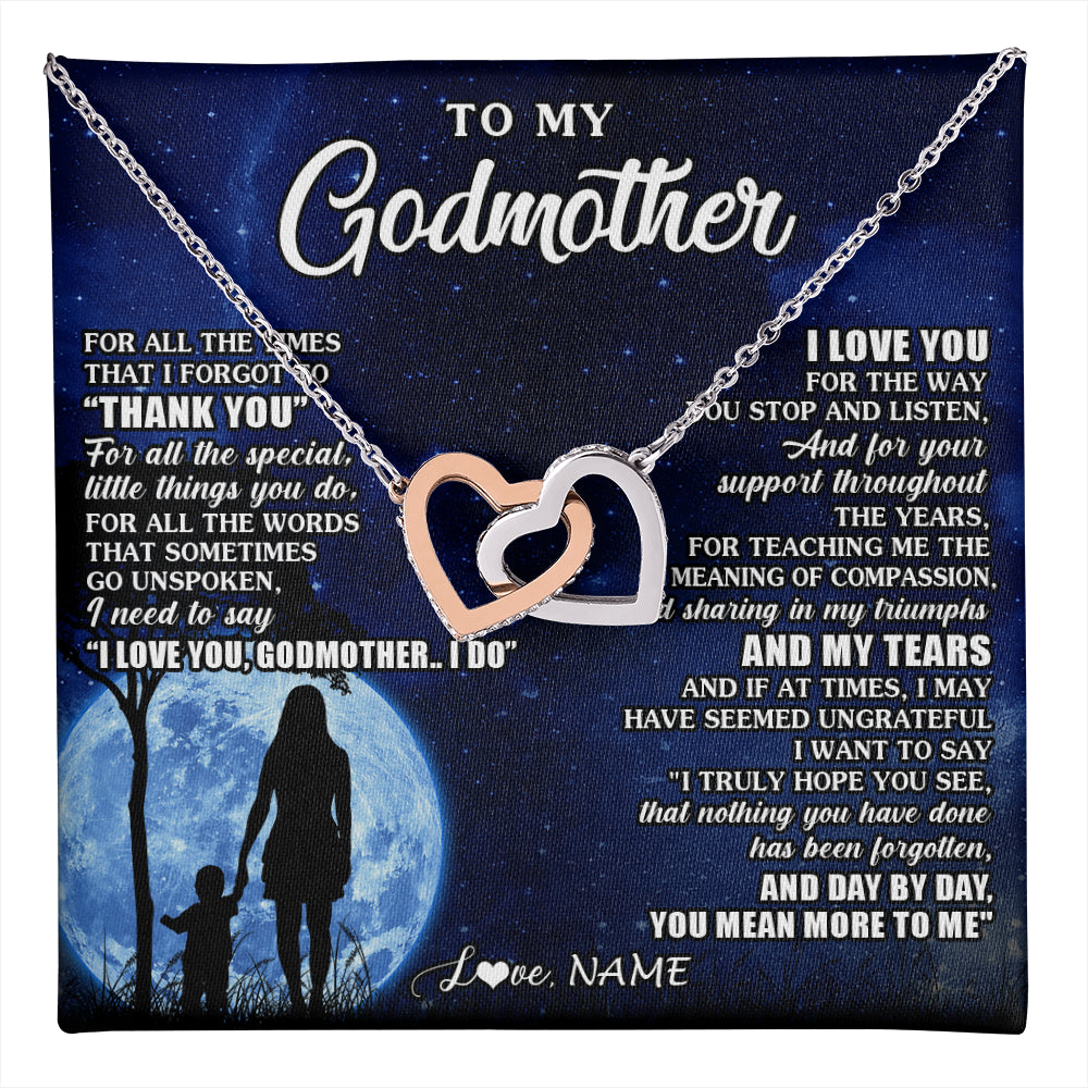 Interlocking Hearts Necklace Stainless Steel & Rose Gold Finish | 1 | Personalized To My Godmother Necklace From Nephew Niece Thank You Grateful Love Aunt Birthday Mothers Day Jewelry Christmas Customized Gift Box Message Card | teecentury