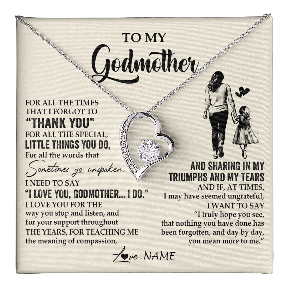 Forever Love Necklace 14K White Gold Finish | 1 | Personalized To My Godmother Necklace From Niece For All The Times That I Forgot To Thank You Birthday Mothers Day Christmas Customized Gift Box Message Card | teecentury