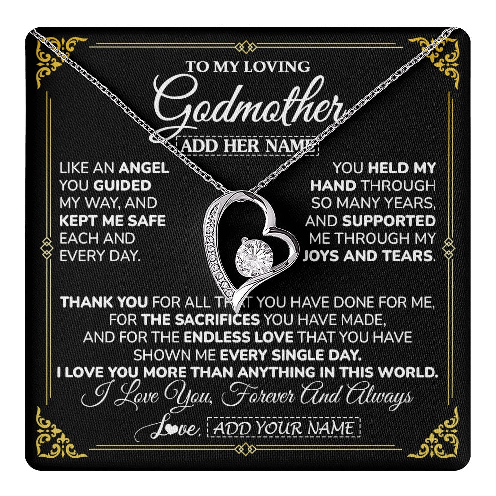 Forever Love Necklace 14K White Gold Finish | 1 | Personalized To My Godmother Necklace Gifts Meaningful Gift To Aunt From Niece Without You There Is No Me Mothers Day Godmother Birthday Gift Box Message Card | https://teecentury.