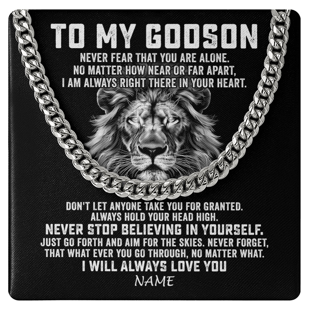 Cuban Link Chain Necklace Stainless Steel | 1 | Personalized To My Godson Cuban Necklace From Uncle Aunt Never Fear That You Are Alone Lion Godson Birthday Christmas Customized Gift Box Message Card | teecentury