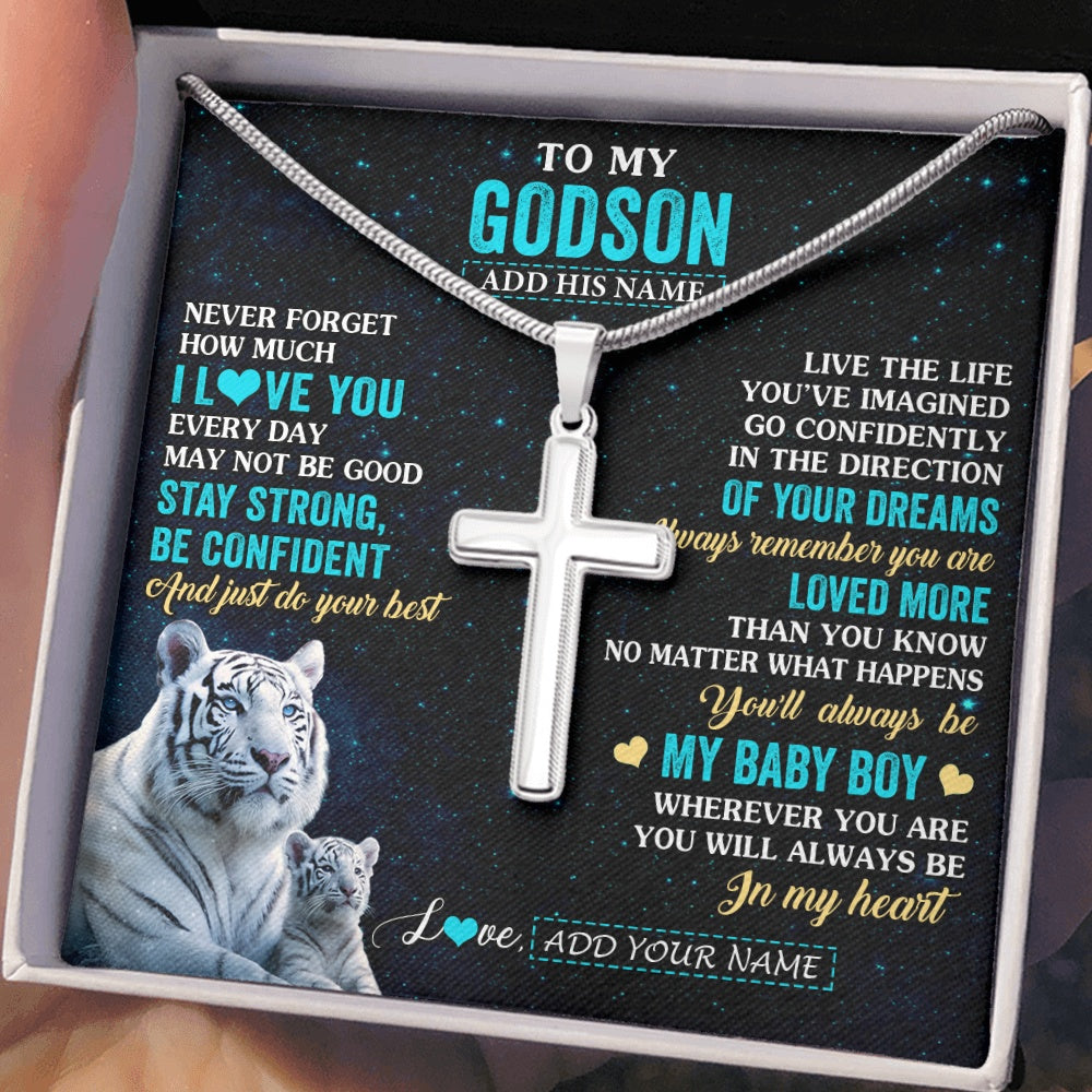 Stainless Cross Necklace Stainless Steel | 2 | Personalized To My Godson Gifts From Aunt Necklace White Tiger Never Forget How Much I Love You Godson Birthday Graduation Christmas Gift Box Message Card | teecentury.myshopify