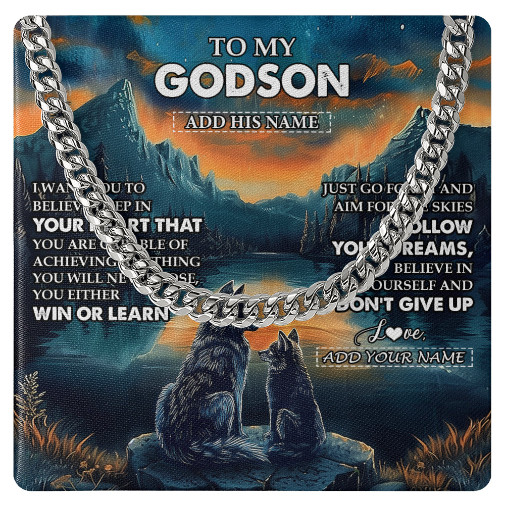 Cuban Link Chain Necklace Stainless Steel | 1 | Personalized To My Godson Gifts From Godmother Uncle Necklace Don't Give Up Wolf Gifts For Godson Birthday Graduation Christmas Custom Gift Box Message Card | teecentury