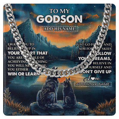 Cuban Link Chain Necklace Stainless Steel | 1 | Personalized To My Godson Gifts From Godmother Uncle Necklace Don't Give Up Wolf Gifts For Godson Birthday Graduation Christmas Custom Gift Box Message Card | teecentury