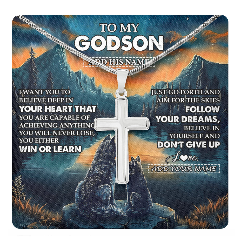 Stainless Cross Necklace Stainless Steel | 1 | Personalized To My Godson Gifts From Godmother Uncle Necklace Don't Give Up Wolf Gifts For Godson Birthday Graduation Christmas Custom Gift Box Message Card | teecentury