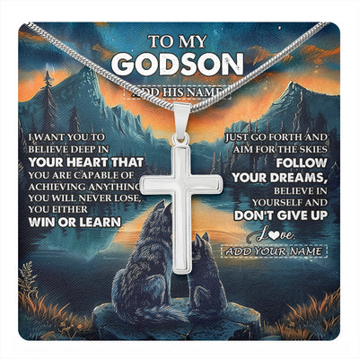 Stainless Cross Necklace Stainless Steel | 1 | Personalized To My Godson Gifts From Godmother Uncle Necklace Don't Give Up Wolf Gifts For Godson Birthday Graduation Christmas Custom Gift Box Message Card | teecentury