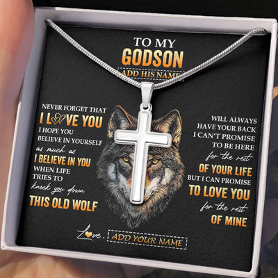 Stainless Cross Necklace Stainless Steel | 2 | Personalized To My Godson Gifts From Uncle Godfather Aunt Necklace Old Wolf Love You Godson Birthday Gifts Graduation Christmas Custom Gift Box Message Card | teecentury
