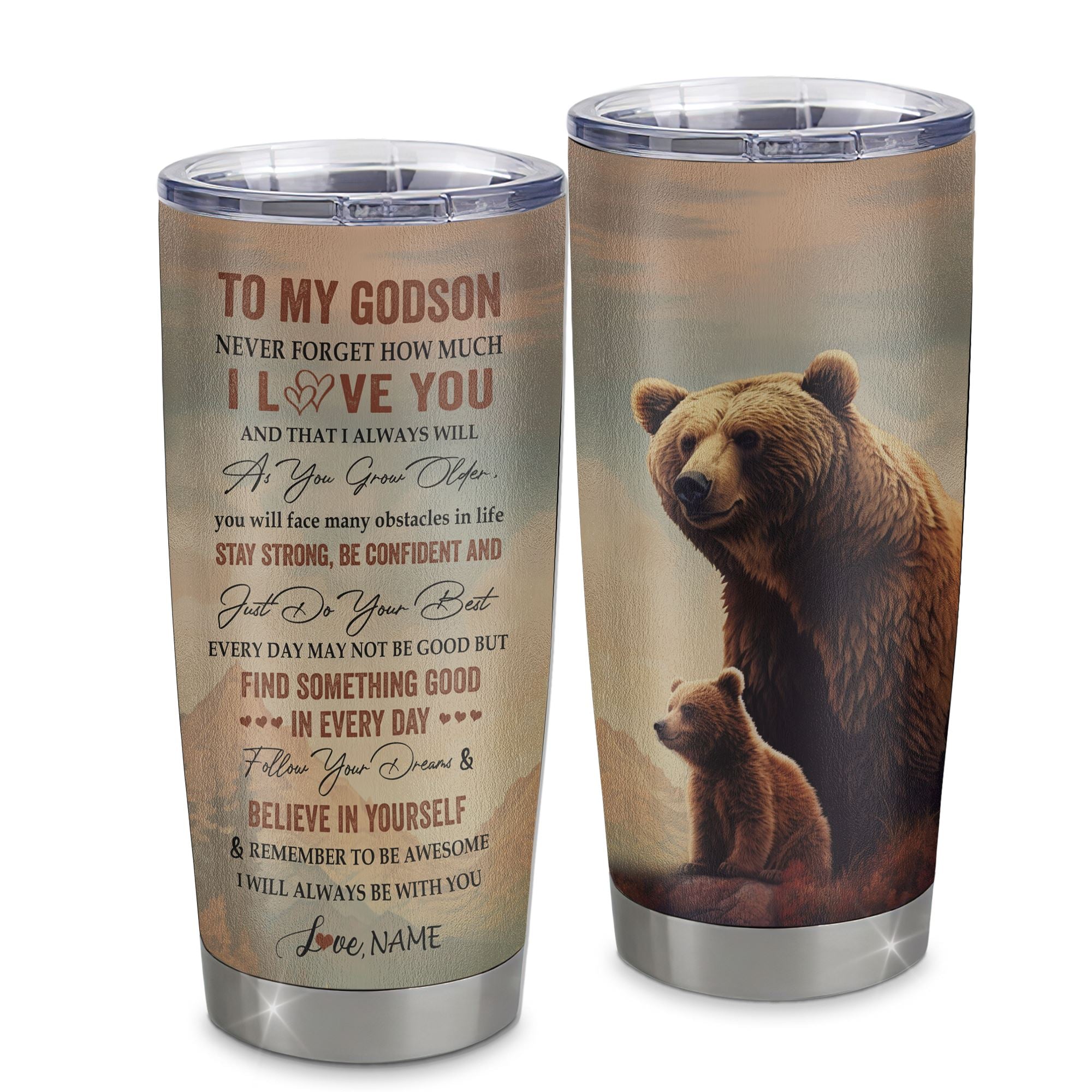 Personalized To My Godson I Love You Forever Tumbler From Godmother Aunt Uncle Stainless Steel Cup Bear Godson Birthday Gifts Graduation Christmas Custom Travel Mug | teecentury
