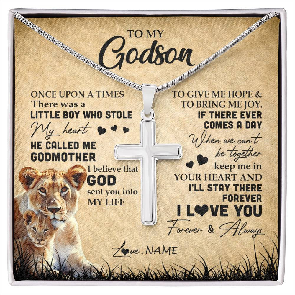 Stainless Cross Necklace | Personalized To My Godson Lion Necklace From Godmother I'll Stay There Forever Godson Birthday Graduation Christmas Customized Gift Box Message Card | teecentury