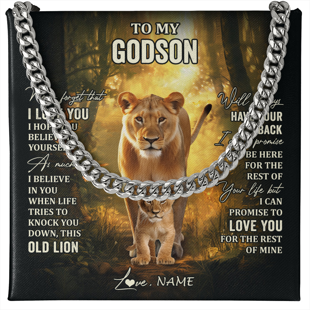 Cuban Link Chain Necklace Stainless Steel | 1 | Personalized To My Godson Lion Necklace From Godmother Never Forget That I Love You Godson Birthday Graduation Christmas Customized Gift Box Message Card | teecentury