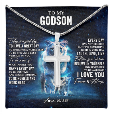 Stainless Cross Necklace Stainless Steel | 1 | Personalized To My Godson Lion Necklace From Godmother Today Is A Good Day Godson Gifts Birthday Graduation Christmas Customized Gift Box Message Card | teecentury