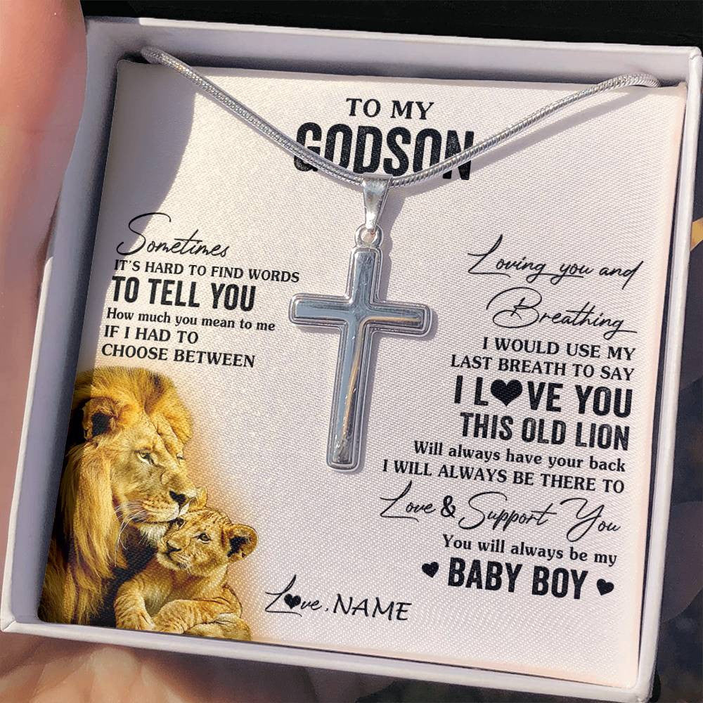 Stainless Cross Necklace Stainless Steel | 2 | Personalized To My Godson Necklace From Godfather I Love You This Old Lion Godson Birthday Graduation Christmas Customized Gift Box Message Card | teecentury
