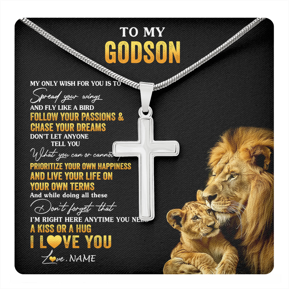 Stainless Cross Necklace Stainless Steel | 1 | Personalized To My Godson Necklace From Godfather Lion My Only Wish For You Godchild Birthday Graduation Christmas Customized Gift Box Message Card | teecentury