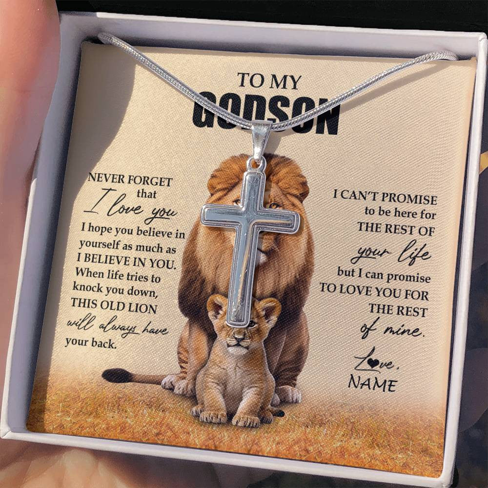 Stainless Cross Necklace Stainless Steel | 2 | Personalized To My Godson Necklace From Godfather Lion Never Forget That I Love You Godson Jewelry Birthday Christmas Customized Message Card | teecentury