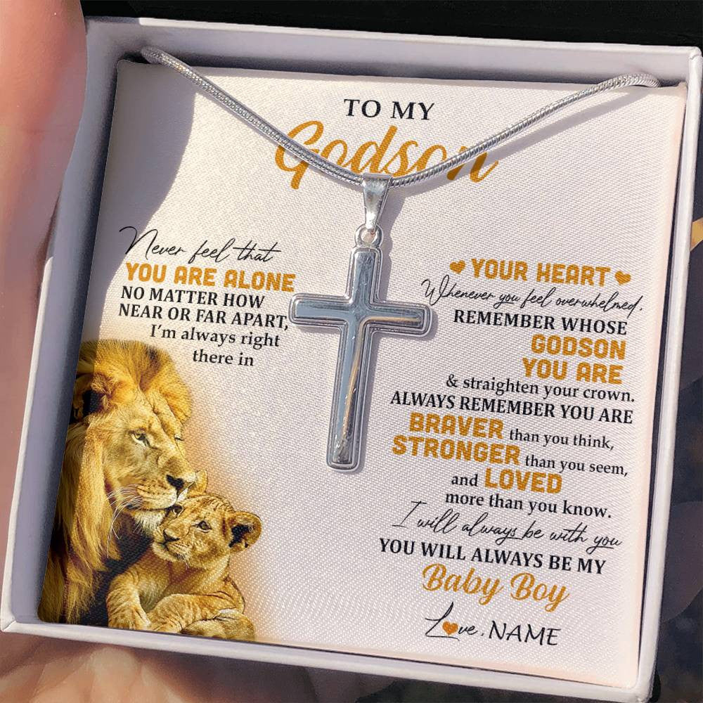 Stainless Cross Necklace Stainless Steel | 2 | Personalized To My Godson Necklace From Godfather Uncle Lion Never Feel That You Are Alone Great Godson Birthday Christmas Customized Gift Box Message Card | teecentury