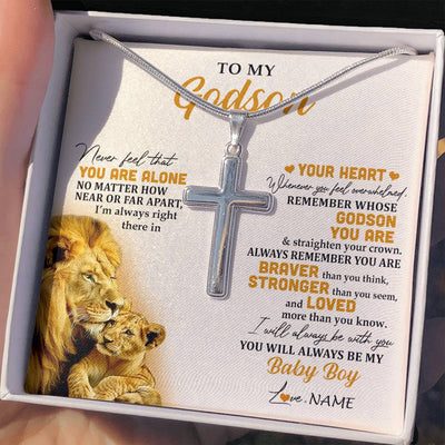 Stainless Cross Necklace Stainless Steel | 2 | Personalized To My Godson Necklace From Godfather Uncle Lion Never Feel That You Are Alone Great Godson Birthday Christmas Customized Gift Box Message Card | teecentury