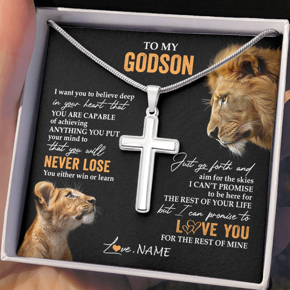 Stainless Cross Necklace Stainless Steel | 2 | Personalized To My Godson Necklace From Godfather Uncle You Will Never Lose Lion Godson Birthday Gifts Graduation Christmas Customized Gift Box Message Card | teecentury