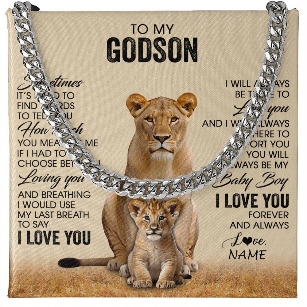 Cuban Link Chain Necklace Stainless Steel | 1 | Personalized To My Godson Necklace From Godmother Aunt Sometimes It's Hard Lion Godson Gift Birthday Jewelry Christmas Customized Gift Box Message Card | teecentury