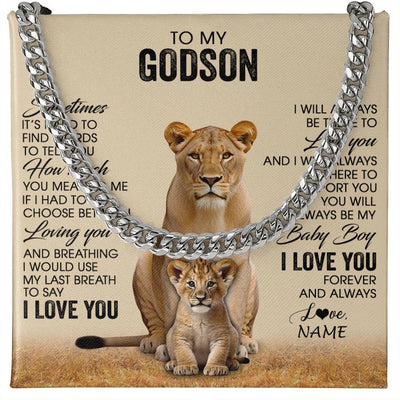 Cuban Link Chain Necklace Stainless Steel | 1 | Personalized To My Godson Necklace From Godmother Aunt Sometimes It's Hard Lion Godson Gift Birthday Jewelry Christmas Customized Gift Box Message Card | teecentury