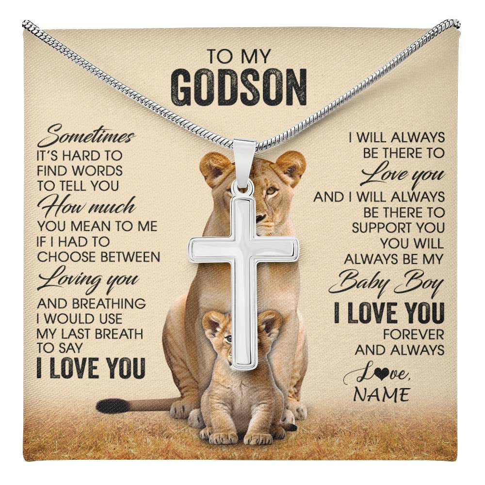 Stainless Cross Necklace Stainless Steel | 1 | Personalized To My Godson Necklace From Godmother Aunt Sometimes It's Hard Lion Godson Gift Birthday Jewelry Christmas Customized Gift Box Message Card | teecentury