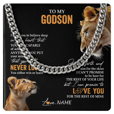 Cuban Link Chain Necklace Stainless Steel | 1 | Personalized To My Godson Necklace From Godmother Aunt You Will Never Lose Lion Godson Birthday Gifts Graduation Christmas Customized Gift Box Message Card | teecentury