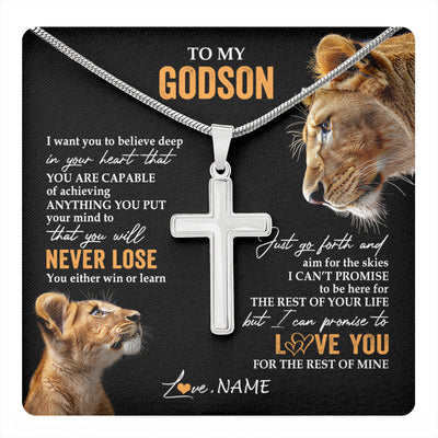Stainless Cross Necklace Stainless Steel | 1 | Personalized To My Godson Necklace From Godmother Aunt You Will Never Lose Lion Godson Birthday Gifts Graduation Christmas Customized Gift Box Message Card | teecentury