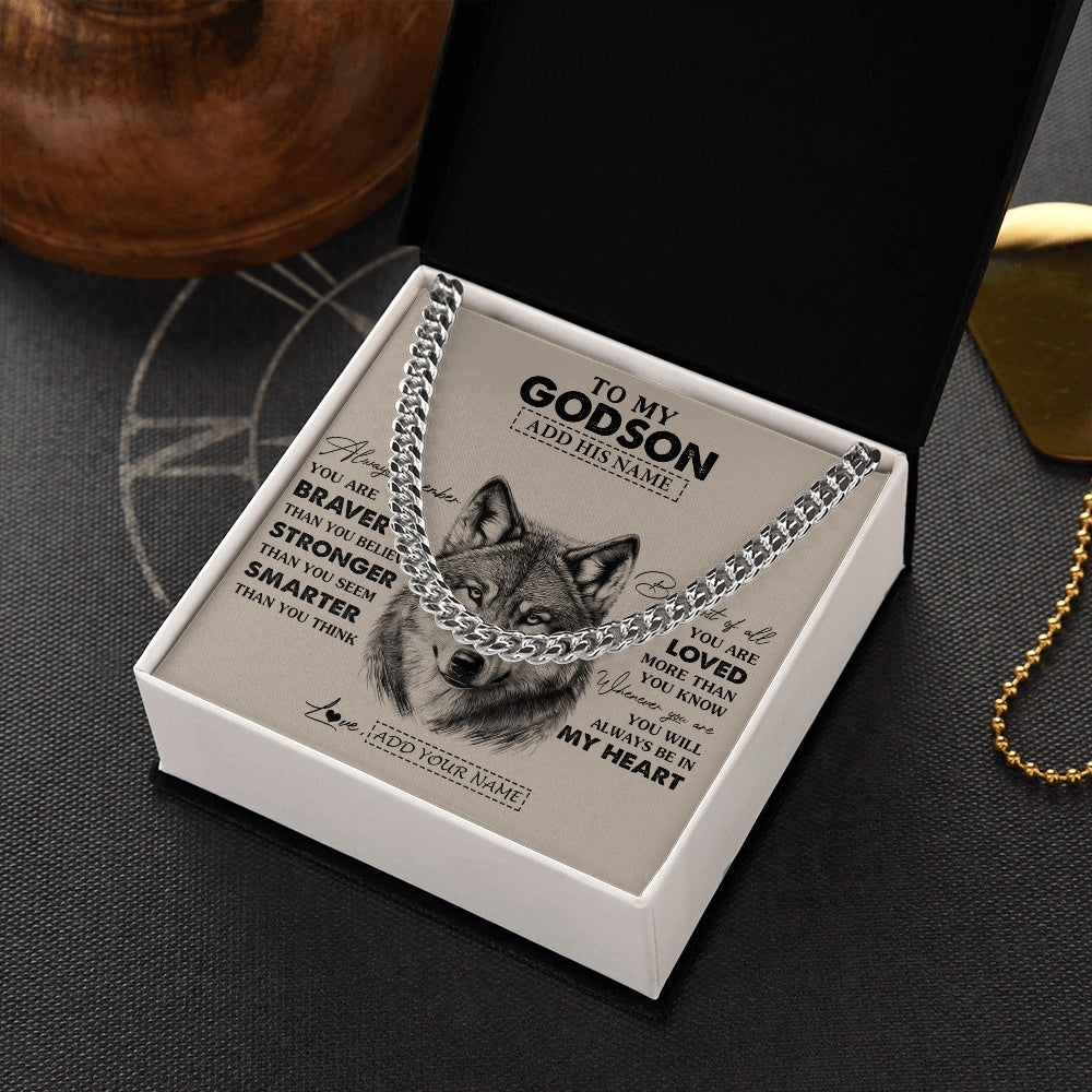 Cuban Link Chain Necklace Stainless Steel | 2 | Personalized To My Godson Necklace From Godmother Godfather Wolf Braver Stronger Smarter Godson Birthday Graduation Christmas Custom Gift Box Message Card | teecentury.myshopify